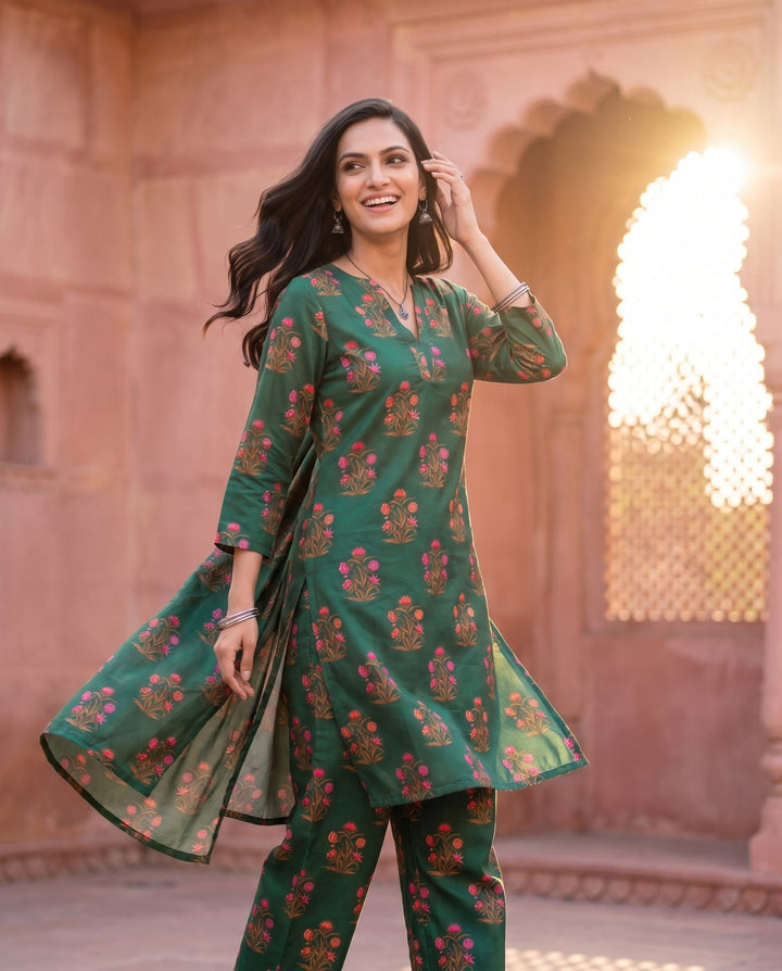 Emerald Green Floral Printed Co-ord Set – styled look