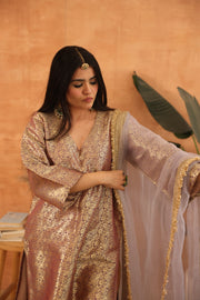 Abeer Grey Brocade Kiran Lace Straight Kurta Set With Organza Dupatta - view 5