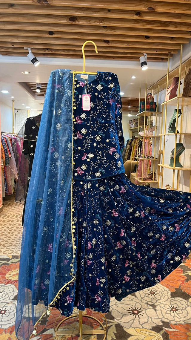 REEM BLUE VELVET LEHENGA SET