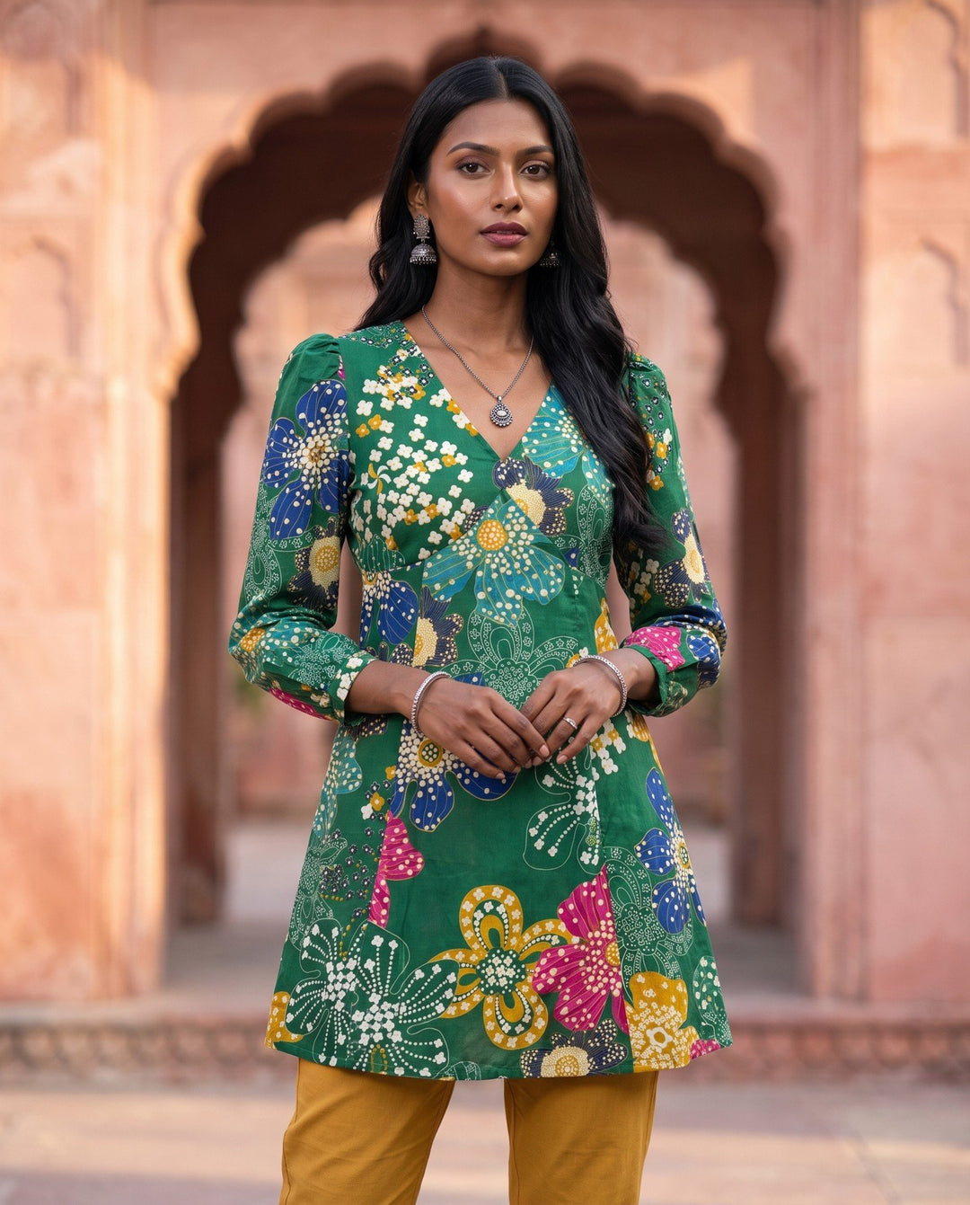 Green Retro Floral Kurta – front view