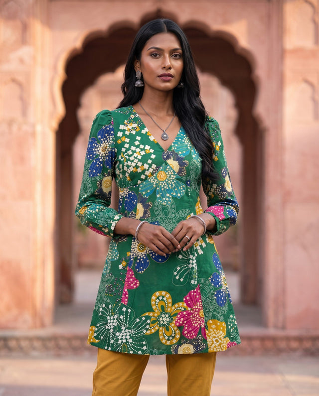 Green Retro Floral Kurta