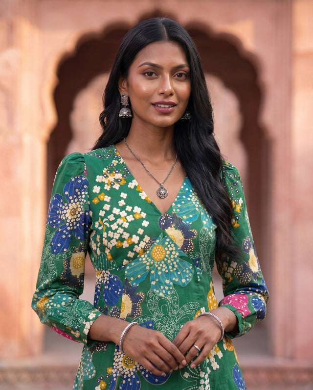 Green Retro Floral Kurta