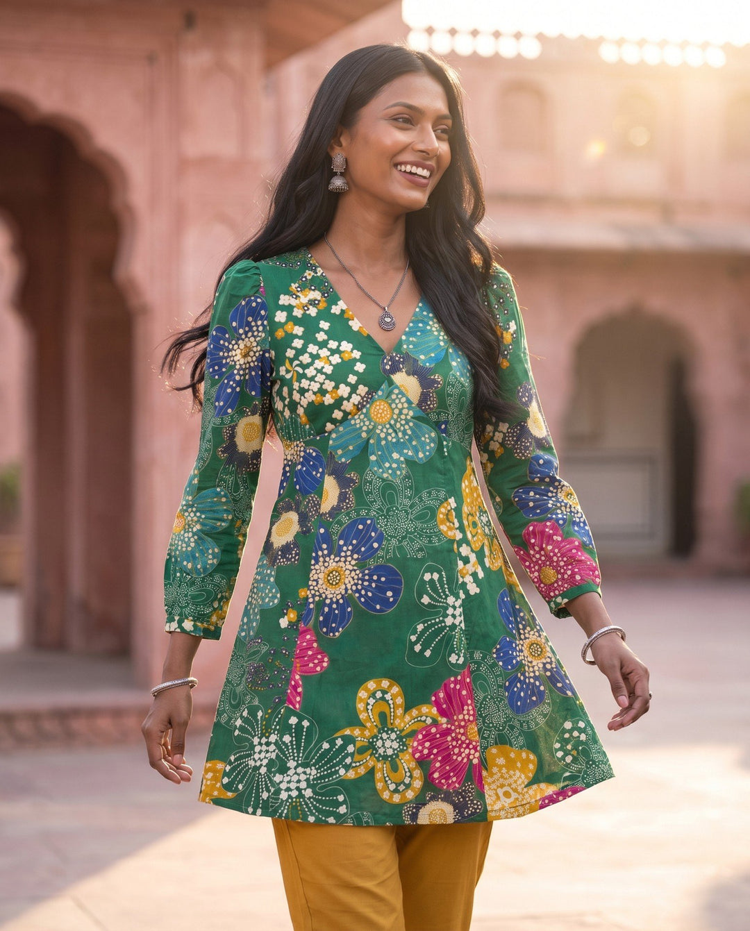 Green Retro Floral Kurta – styled look