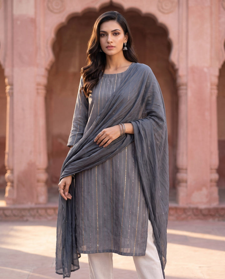 Grey Chanderi Straight Set - front view