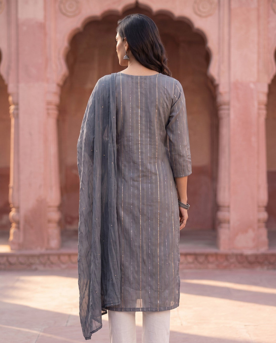 Grey Chanderi Straight Set - back view