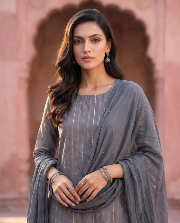 Grey Chanderi Straight Set - detail view