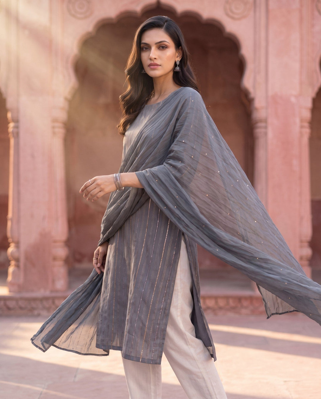 Grey Chanderi Straight Set - styled look