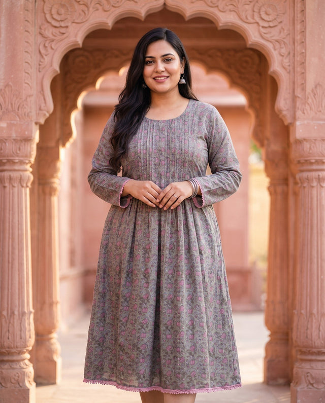 Grey Pink Floral Kurta