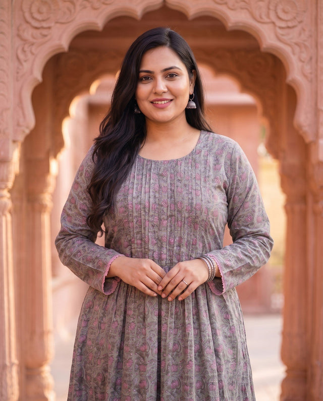 Grey Pink Floral Kurta