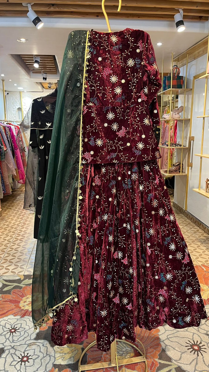 REEM MAROON VELVET LEHENGA SET Gulabo Jaipur