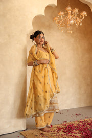 Hunar Mango Gota Lace Georgette Straight Kurta Set With Dupatta - view 3
