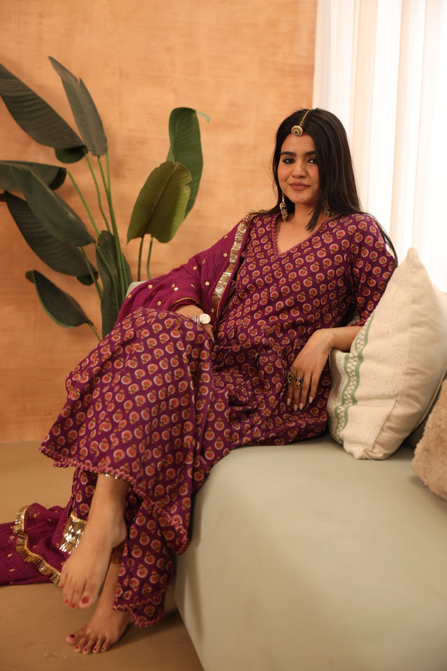 Disha Purple Hand Block Print Anarkali Set With Doriya Dupatta - view 2
