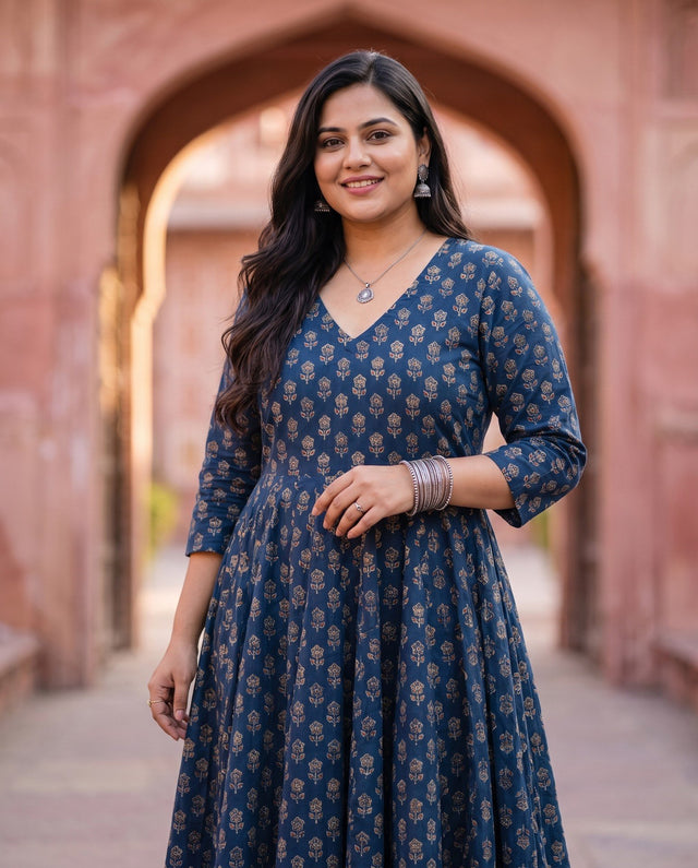 Indigo Block-Print Anarkali