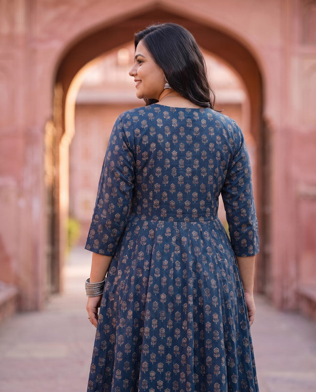 Indigo Block-Print Anarkali