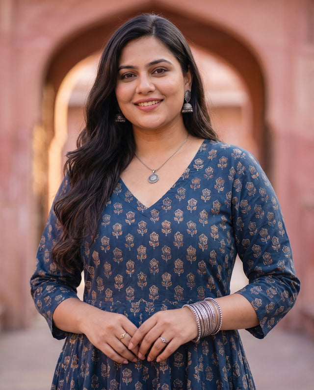 Indigo Block-Print Anarkali