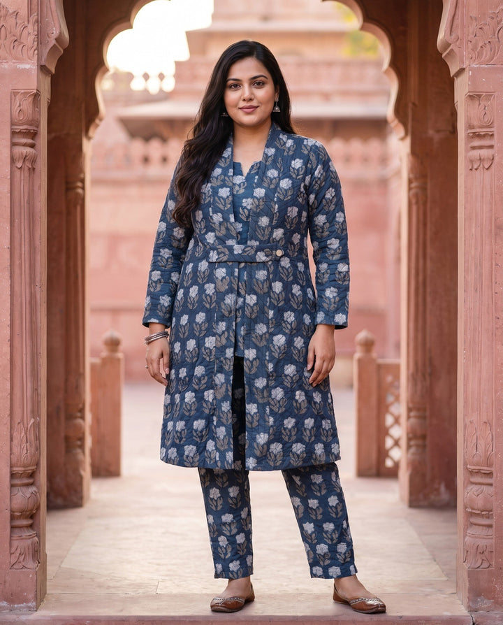 Indigo Block-Print Jacket Set - front view