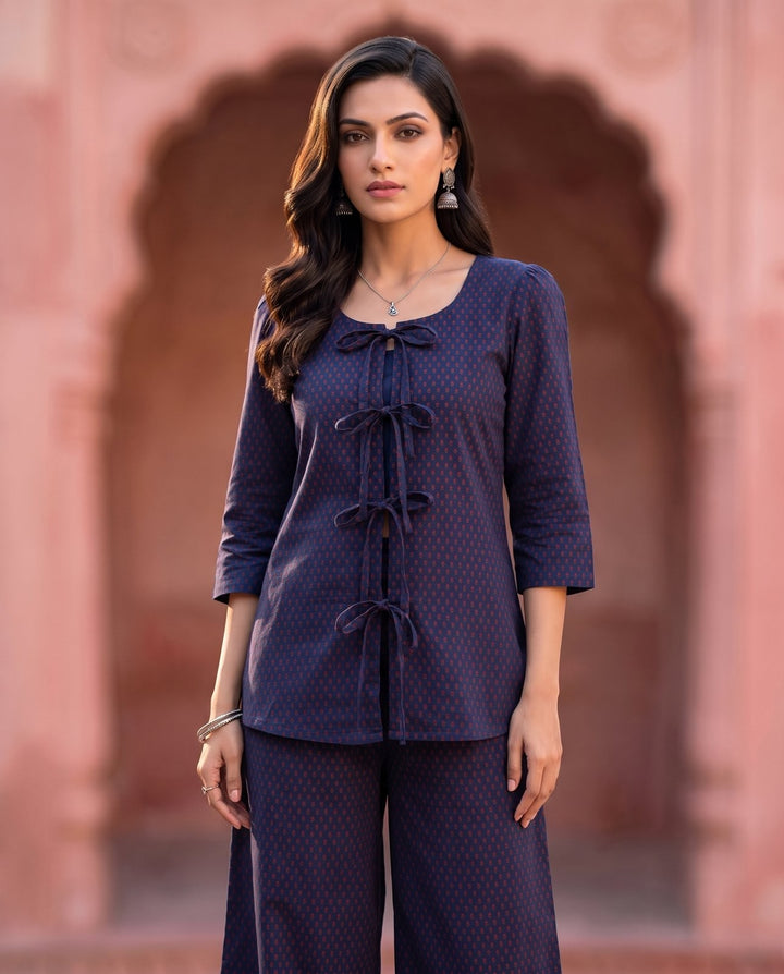Indigo Red Booti Tie-Front Co-ord Set – front view