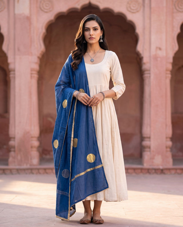 Ivory Anarkali Set with Blue Dupatta