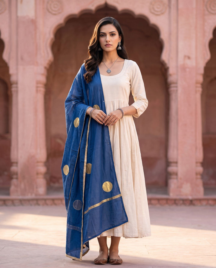 Ivory Anarkali Set with Blue Dupatta – front view