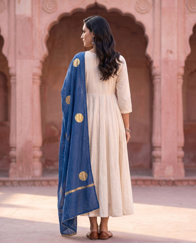 Ivory Anarkali Set with Blue Dupatta