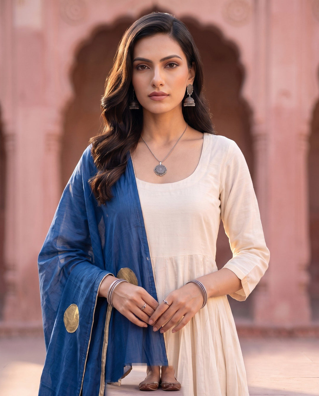 Ivory Anarkali Set with Blue Dupatta – detail view