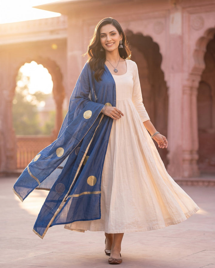 Ivory Anarkali Set with Blue Dupatta – styled look