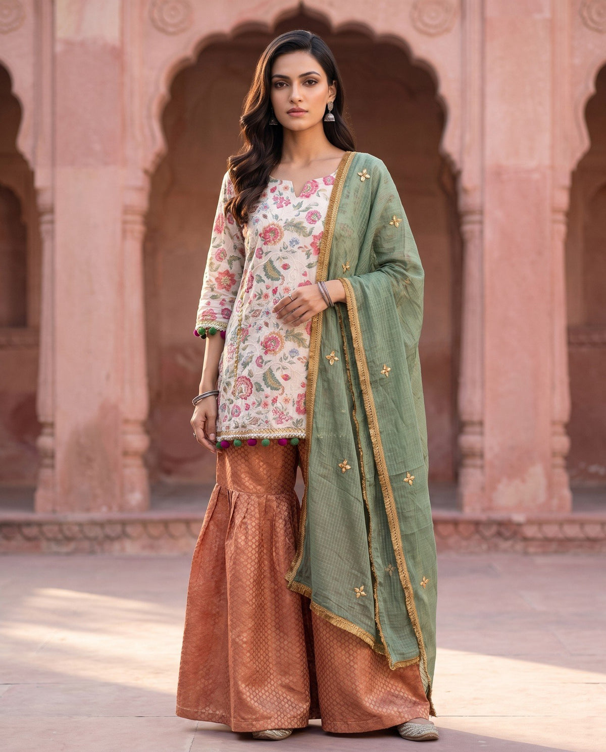 Ivory Floral Copper Sharara Set