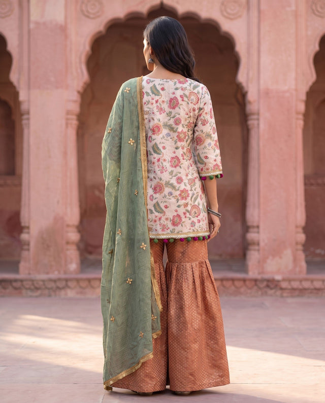 Ivory Floral Copper Sharara Set