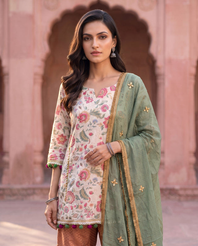 Ivory Floral Copper Sharara Set