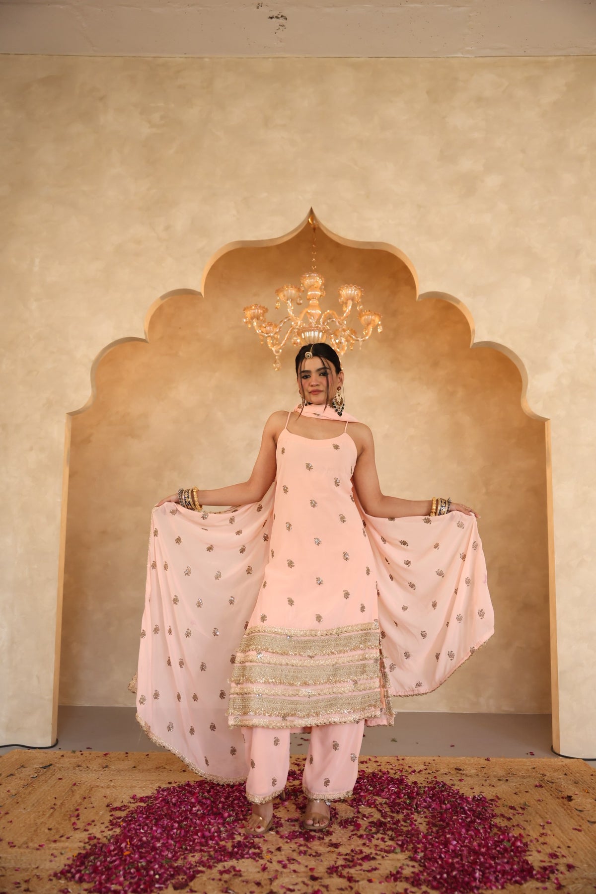 Hunar Peach Gota Lace Georgette Straight Kurta Set With Dupatta - Deedar-e-Mehfil collection by Gulabo Jaipur