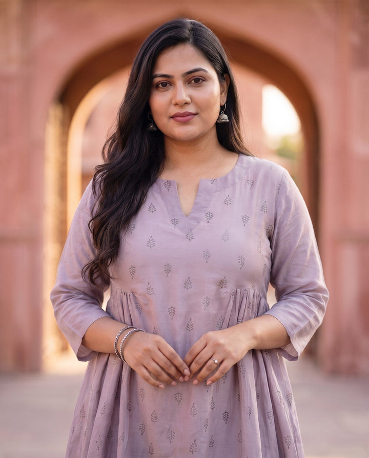 Lavender Leaf A-Line Kurta - detail view