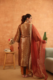Abeer Brown Brocade Kiran Lace Straight Kurta Set With Organza Dupatta - view 6