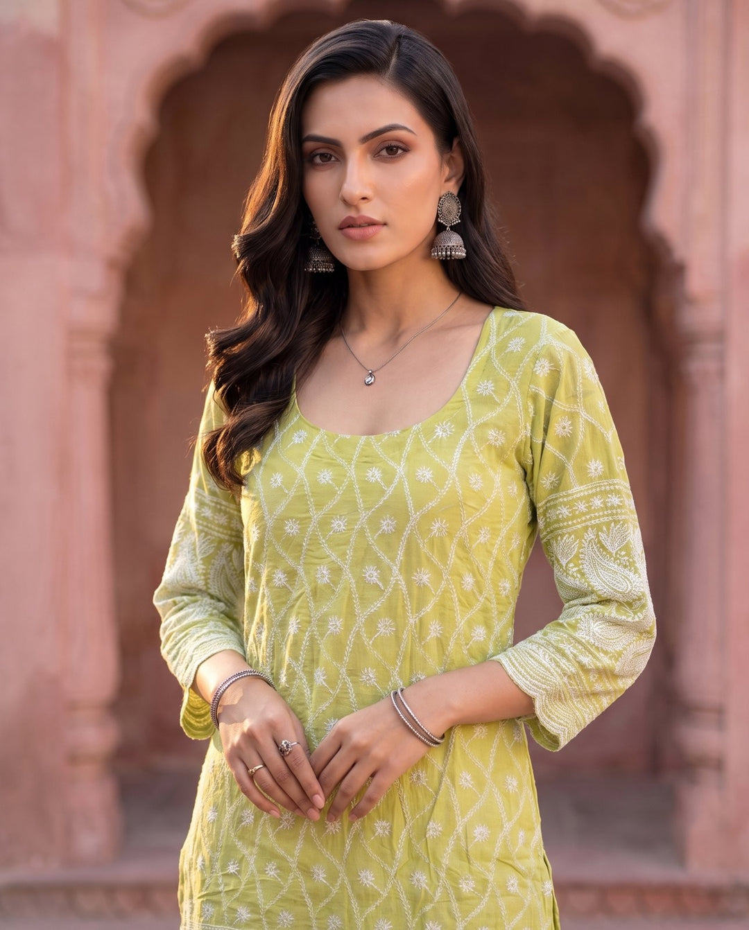 Lime Chikankari Co-ord Set – detail view