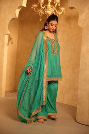 Mikka Green Sleeveless Chanderi Mirror Work Kurta Set With Chiffon Dupatta - Deedar-e-Mehfil collection by Gulabo Jaipur