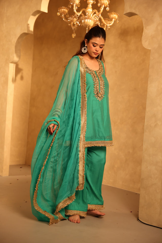 Mikka Green Sleeveless Chanderi Mirror Work Kurta Set With Chiffon Dupatta - Deedar-e-Mehfil collection by Gulabo Jaipur