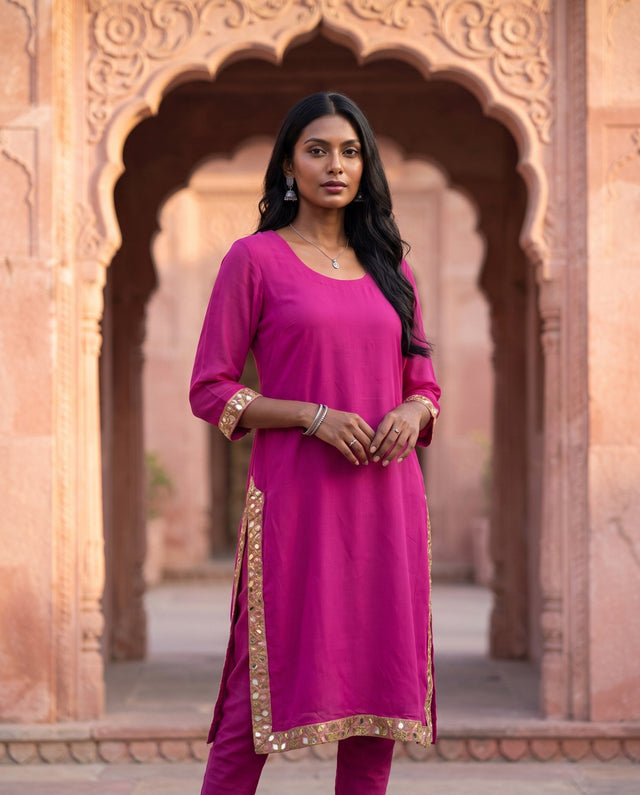Magenta Mirror Border Kurta