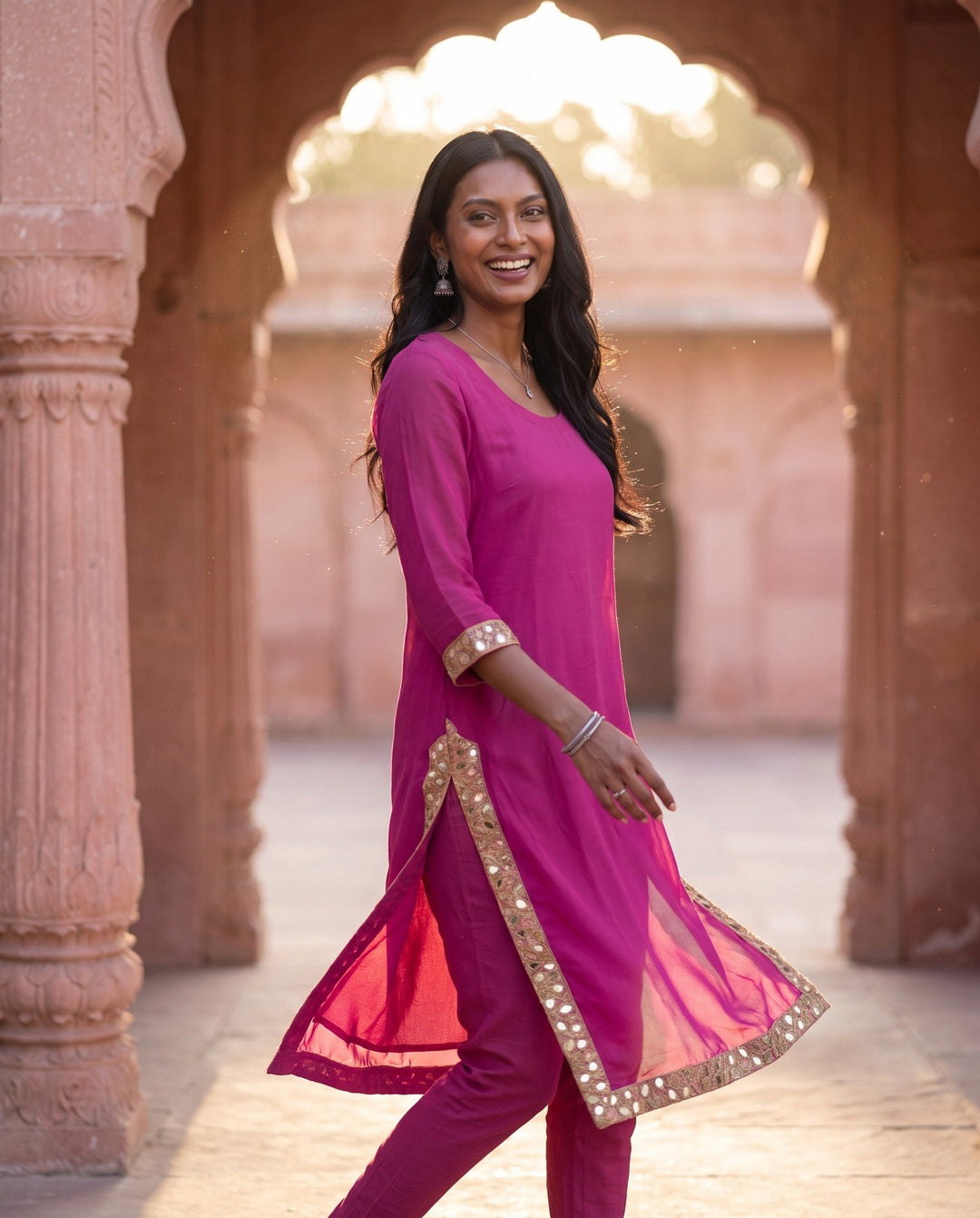 Magenta Mirror Border Kurta – styled look