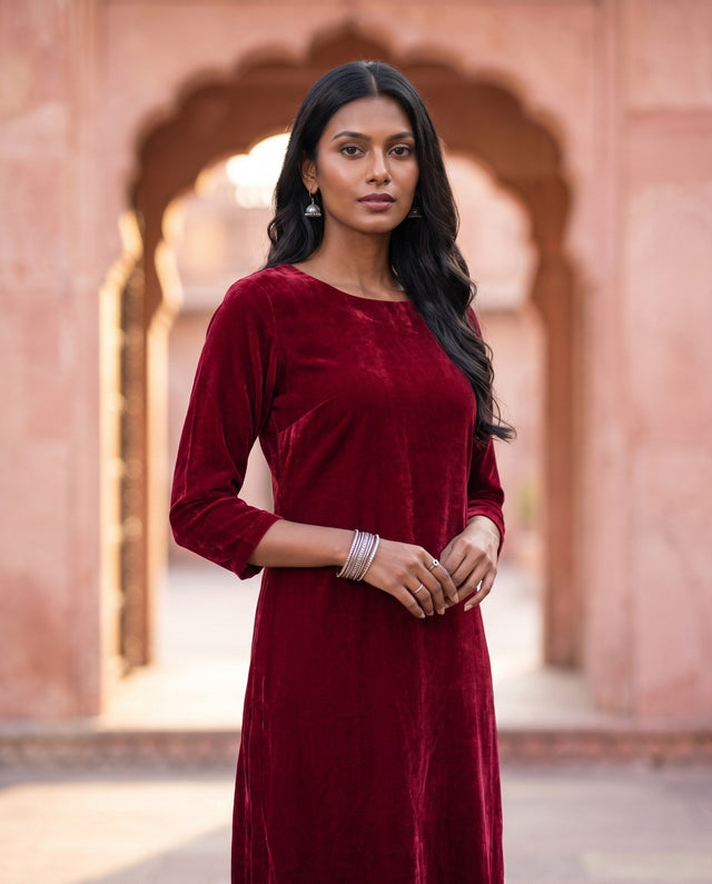Maroon Velvet Kurta