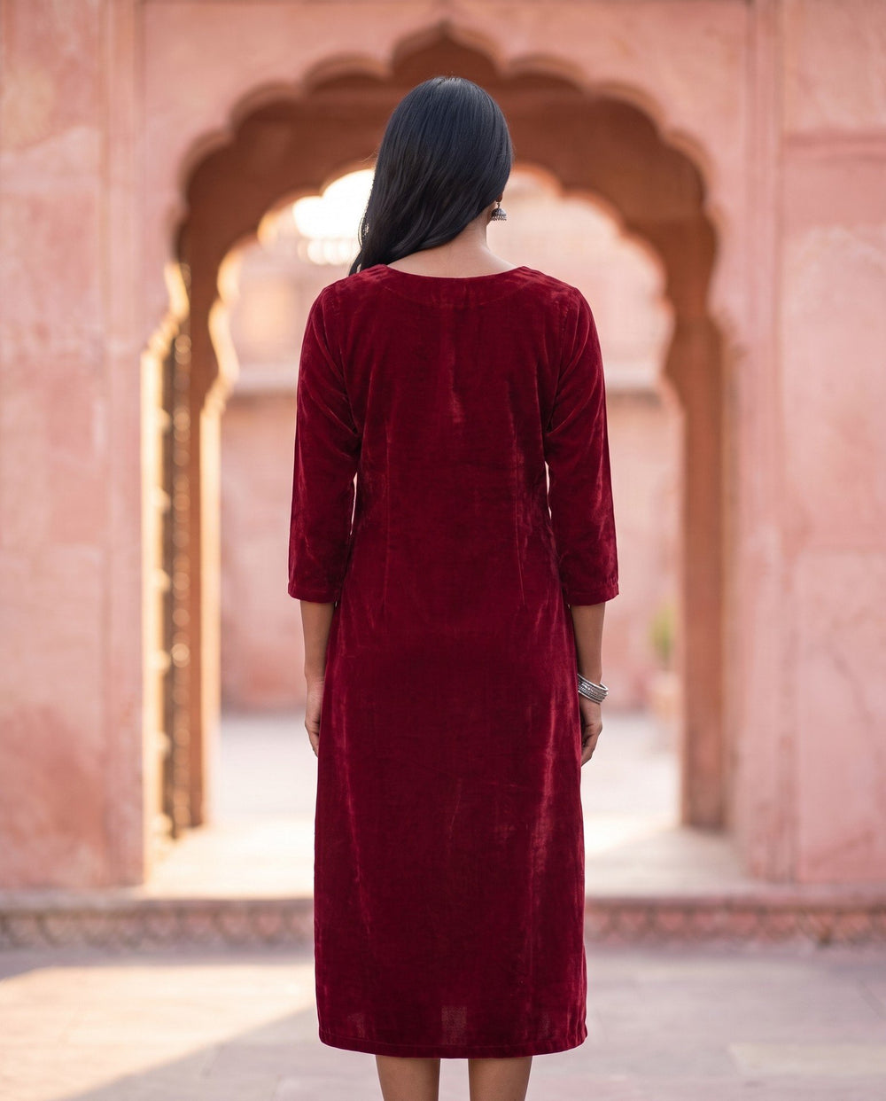 Maroon Velvet Kurta - back view