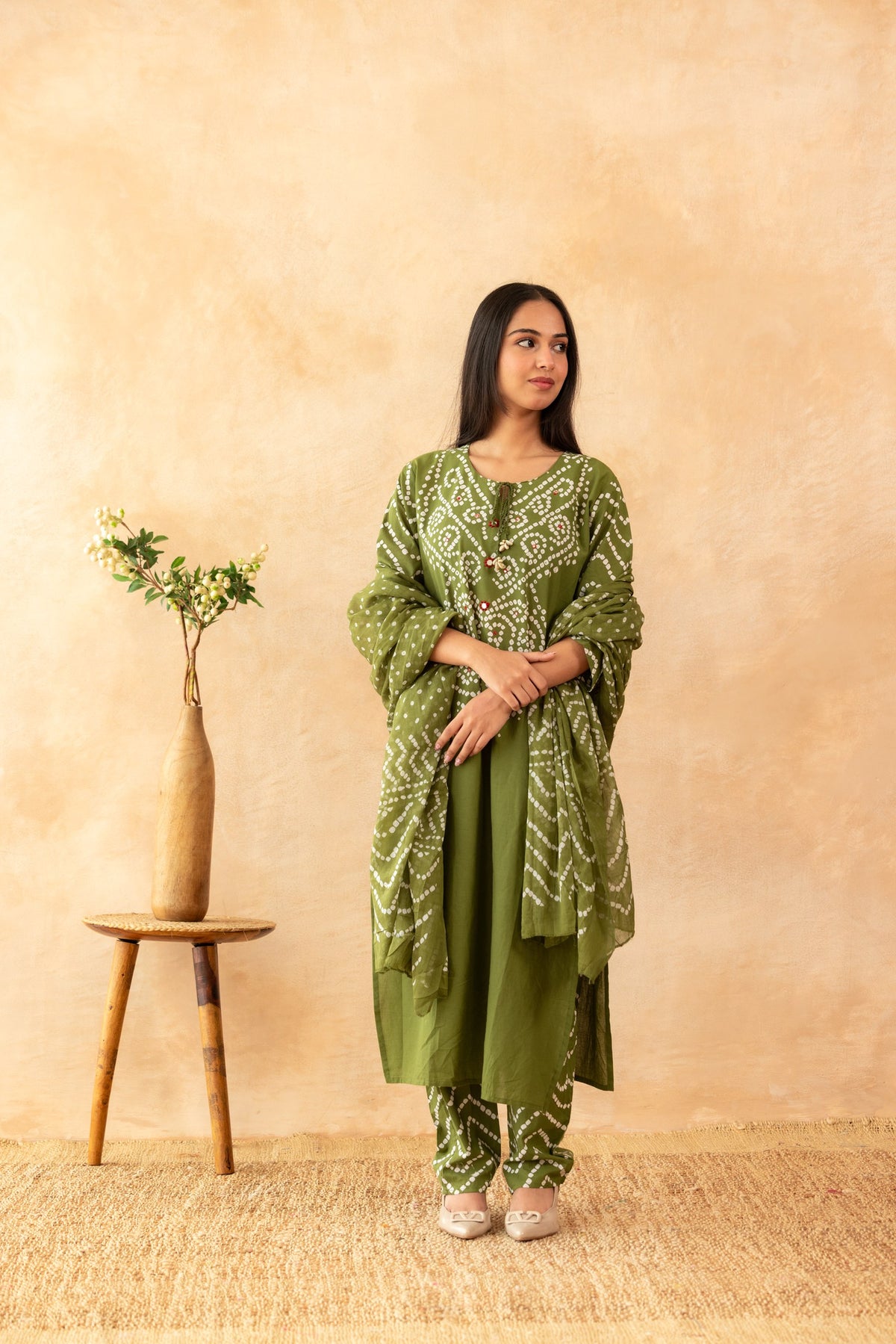 Saanvi Mehendi Green Pure Cotton Kurta Suit Set