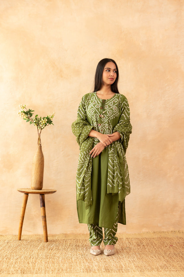 Saanvi Mehendi Green Pure Cotton Kurta Suit Set