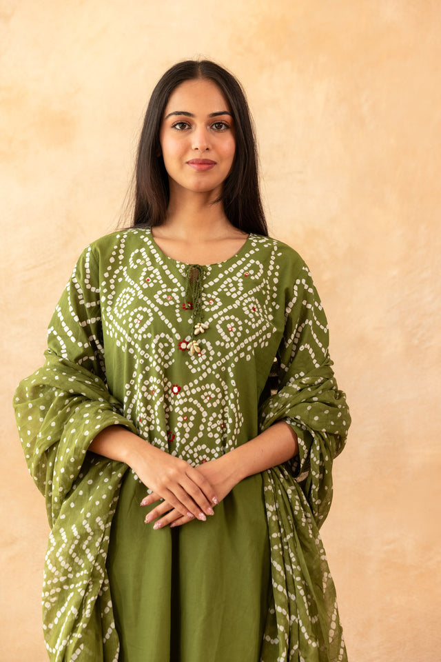 Saanvi Mehendi Green Pure Cotton Kurta Suit Set