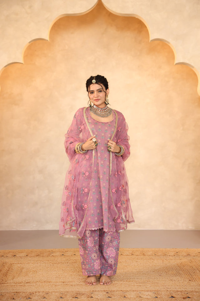 Parvez Pink Hand Block Print Gota Work Kurta Set With Organza Dupatta - Deedar-e-Mehfil collection by Gulabo Jaipur