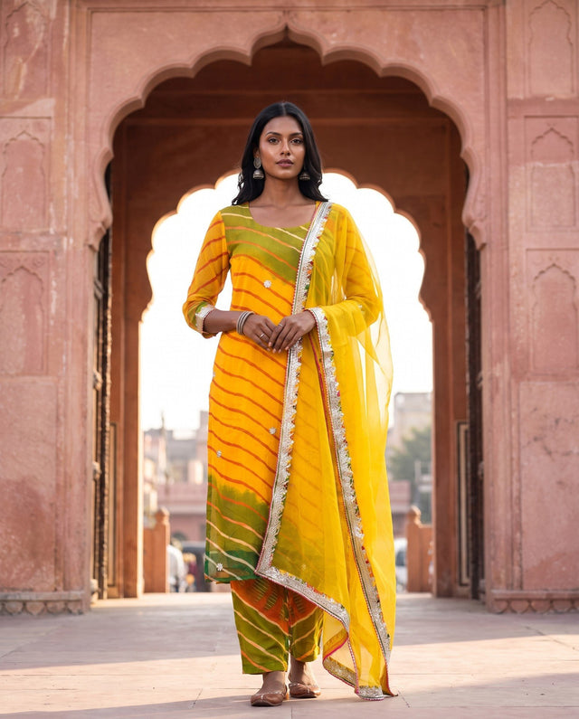 Mustard Leheriya Straight Set