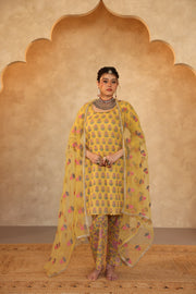 Parvez Yellow Hand Block Print Gota Work Kurta Set With Organza Dupatta - view 4