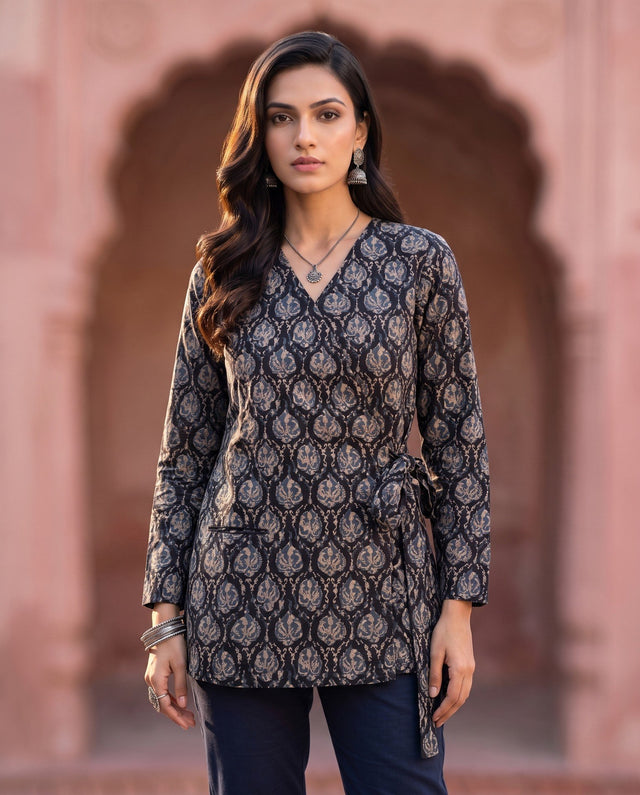 Navy Ajrakh Angrakha Kurta
