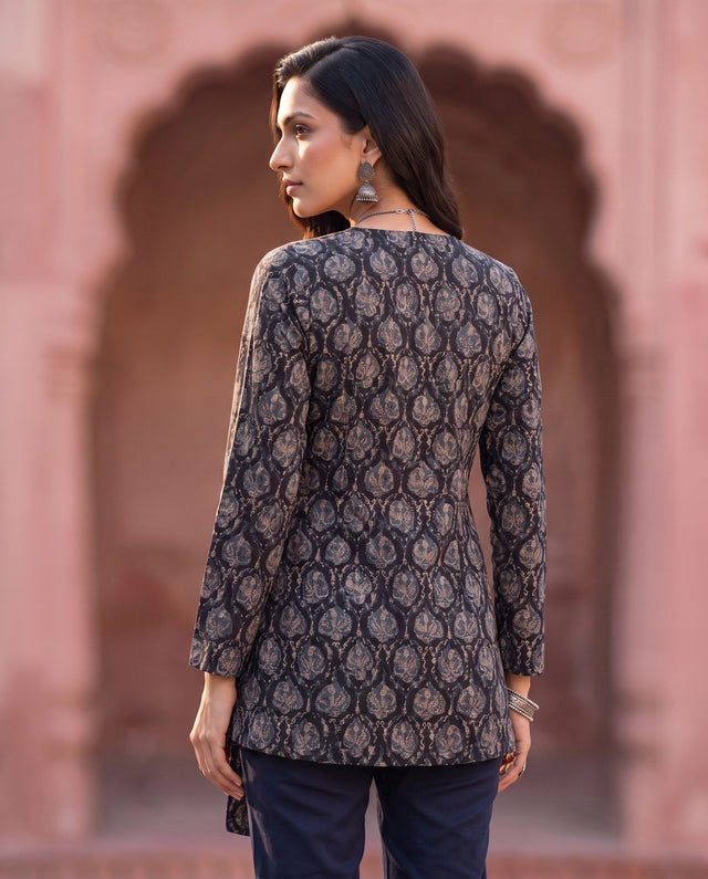 Navy Ajrakh Angrakha Kurta