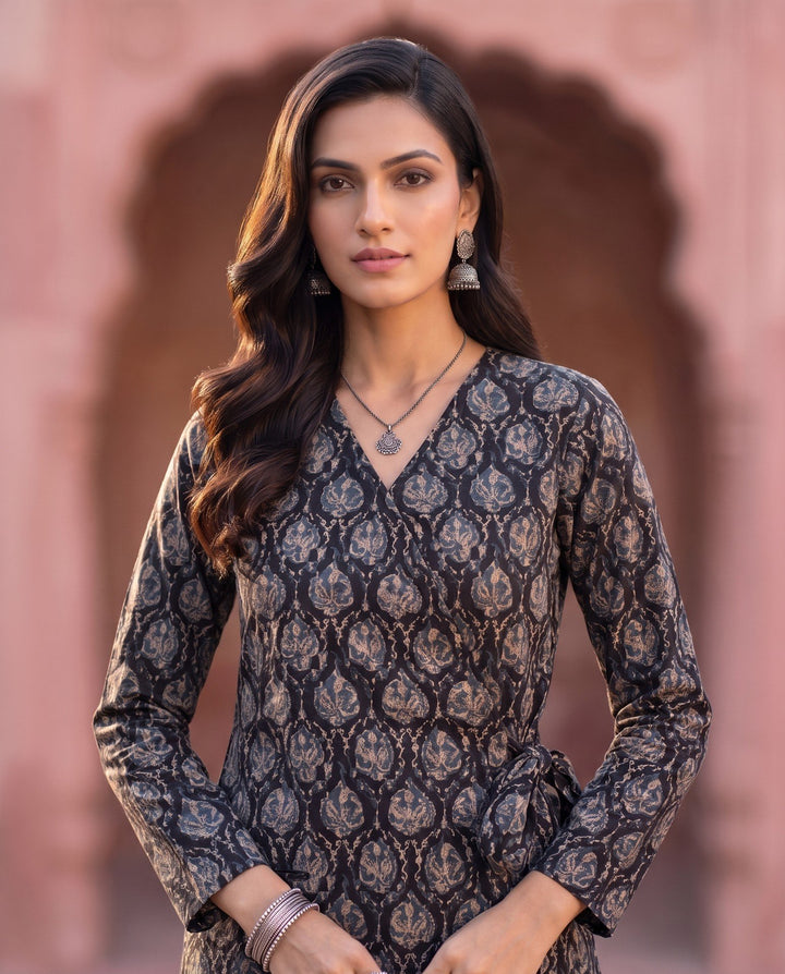 Navy Ajrakh Angrakha Kurta – detail view