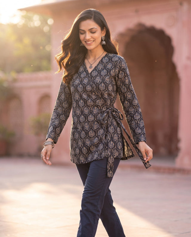 Navy Ajrakh Angrakha Kurta