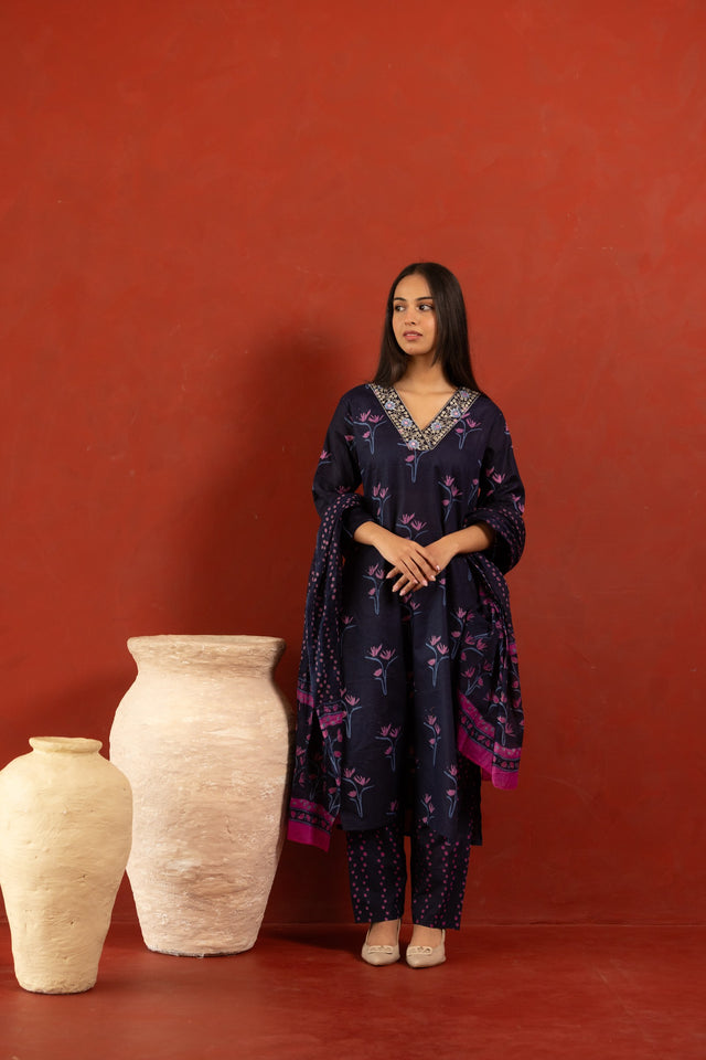 Nitara Navy Pure Cotton Kurta Suit Set